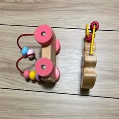 木製ビーズコースターおもちゃセット（くま＆車）【中古・8割新】の画像