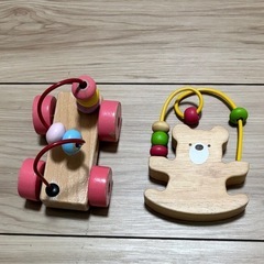 木製ビーズコースターおもちゃセット（くま＆車）【中古・8割新】の画像