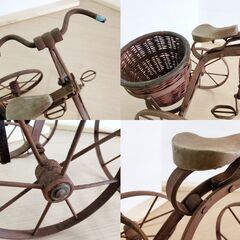  【希少】レトロ アンティーク雑貨 鉄製 三輪車 荷車 籠付き オブジェ ディスプレイ 錆び 時代物 経年劣化 ジャンク　管理番号MN833MCの画像
