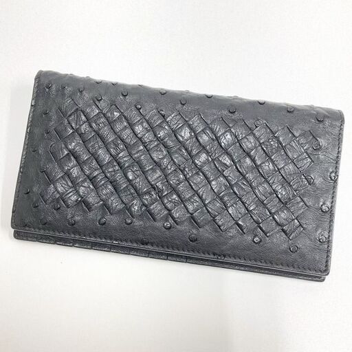 NR41　br6266tm【BOTTEGA VENETA】オーストリッチ レザー二つ折り長財布 ブラック  316005