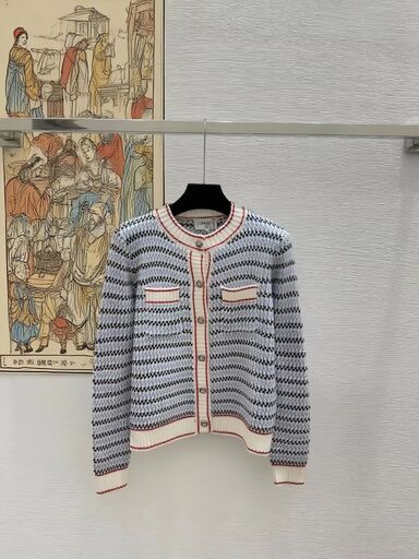 【CHANEL】チェック柄 カーディガン 赤ライン アクセント コットン カシミヤ ニット 38 ホワイト