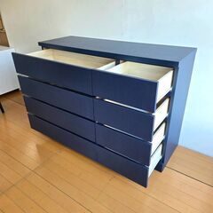 未使用訳あり 全段スライドレール付き ネイビー チェスト 幅119.5 4段 タンス たんす 洋服タンス ロータイプ 引出し 濃紺 青 ブルーの画像
