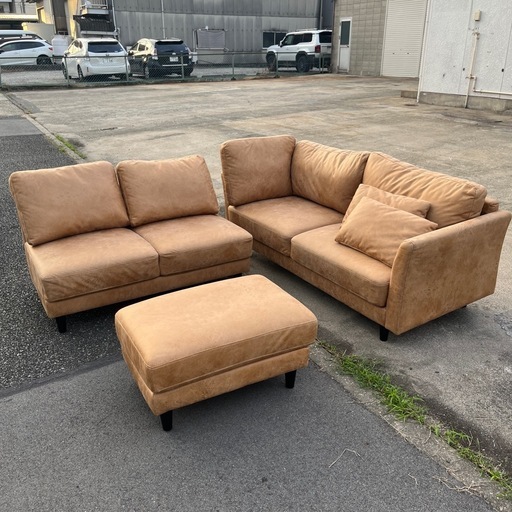 美品【ファブリックレザーソファ】 ベージュ　フェイクレザー　インテリア　茶色　ブラウン　三人掛け　3人掛け　3p 3P 2人掛け　二人