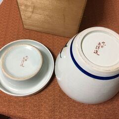 お値下げ【未使用品ビンテージ】九谷焼 岳洋造 応接揃 花器 壺 花瓶 灰皿 松寿堂 共箱 木箱 記念品の画像
