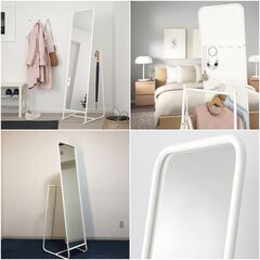 IKEA スタンドミラー KNAPPER ホワイト鏡 背面フック・レール付 クナッペル 大型姿見 デザイナー N Cortolezzis/D Wahl イケアの画像
