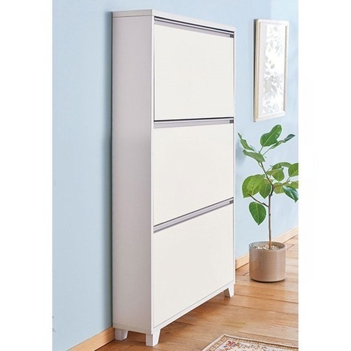 【超美品】薄型フラップシューズラック／ホワイト／2段