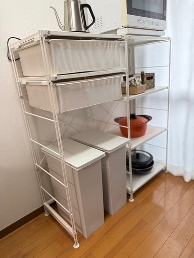 無印良品 スチールユニットシェルフ（幅58×奥行41×高さ120cm×2台）帆布バスケット付き／ホワイト系／ゴミ箱2つ無料可