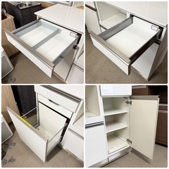 【 超美品‼️】定価22万♪ 綾野製作所 160cm幅キッチンカウンター 食器棚 収納家具 鏡面仕上げホワイト♪の画像