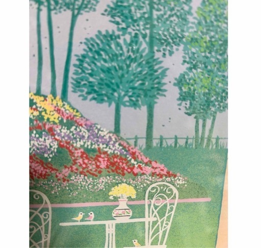 花とチャペル　小鳥　緑　吉岡浩太郎　額付き絵画シルクスクリーン初代