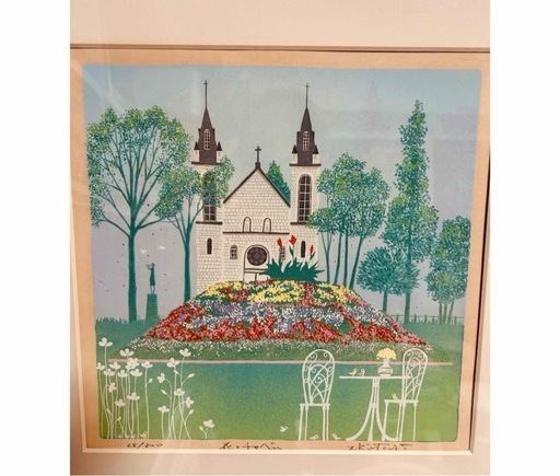 花とチャペル　小鳥　緑　吉岡浩太郎　額付き絵画シルクスクリーン初代