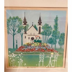 花とチャペル　小鳥　緑　吉岡浩太郎　額付き絵画シルクスクリーン初代の画像