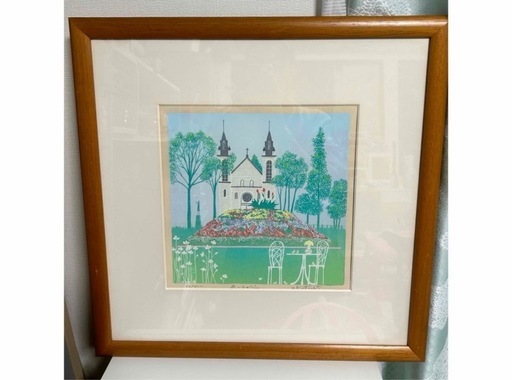 花とチャペル　小鳥　緑　吉岡浩太郎　額付き絵画シルクスクリーン初代