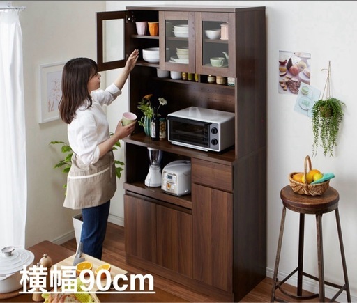 【引渡決定】食器棚 幅90 キッチンボード　収納　棚　レンジ台　ナチュラルオーク　ンテリア