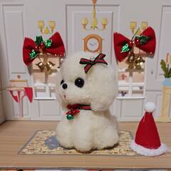 羊毛フェルト クリスマスリボンのふわふわマルチーズの画像