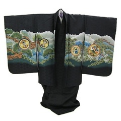 七五三 着物 5歳 男の子 羽織着物フルコーディネートセット【4.黒地に鷹と富士山（袴：紺の縦縞）】の画像