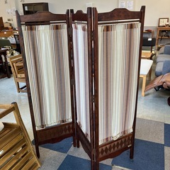 K2510-376 パーテーション 3連スクリーン 衝立 間仕切り アジアンレトロ ストライプ 一部安全ピン止めている箇所有り ほつれ汚れ有りの画像
