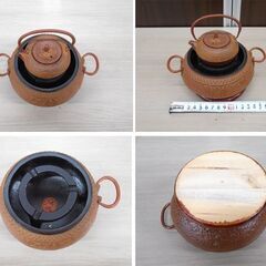 南部鉄器 ミニ鉄瓶と囲炉裏灰皿のセット 木製台付き 3点セット インテリア 置物 苫小牧西店の画像