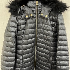 M【中古品】レディース ロングコート ダウン80% フェザー20% タヌキ チャイニーズラクーン 軽量 防寒着 ジャンパー 黒 チャコールグレー 光沢あり　Lサイズの画像