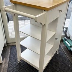 【中古品】キャスター付き キッチンアイランドカート 収納引き出し キャビネット付き ローリング キッチンアイランド トロリーカート タオルラック付き 木製テーブルトップの画像