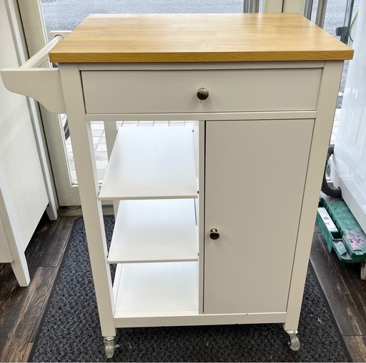 【中古品】キャスター付き キッチンアイランドカート 収納引き出し キャビネット付き ローリング キッチンアイランド トロリーカート タオルラック付き 木製テーブルトップ