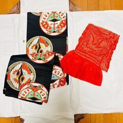 【おまとめ購入1000円割引】女の子7歳　七五三の着物帯（黒系）赤い帯揚げ付きで！川崎近辺なら追加費用でお届け可の画像