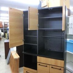 レンジボード 大型 ナチュラル×ブラック 幅100cm 木目×黒 キッチンボード カップボード 100×40×190cm 大容量 札幌市 西野店の画像