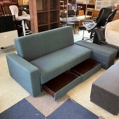 A2510-388 ソファベッド ファブリック ブルー スツール付き 色あせ、キズ汚れ有りの画像