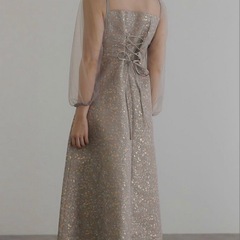 POURVOUS プールヴー 結婚式　ドレス　ワンピース　グレー　ゴールド　Mの画像