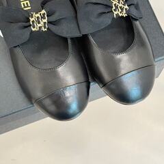 【CHANEL】 バレエフラット ラムスキン ブラック ボウ チェーンの画像