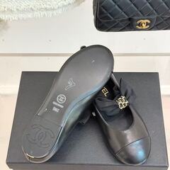 【CHANEL】 バレエフラット ラムスキン ブラック ボウ チェーンの画像