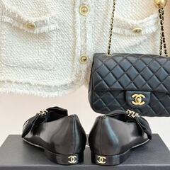 【CHANEL】 バレエフラット ラムスキン ブラック ボウ チェーンの画像