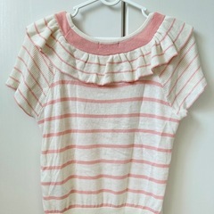 【おまとめ割可】半袖ニット　フリル付き　ピンクボーダー　Mの画像