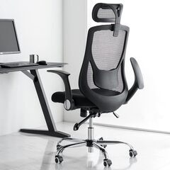 2-15　未使用/新品　在庫３脚　 オフィスチェア ハイバック 跳ね上げ式 アームレスト ヘッドレスト メッシュ ランバーサポート ロッキング デスクチェア 椅子 チェア 学習椅子 ブラックの画像