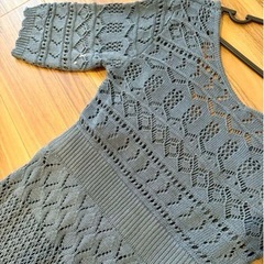美品！【長身/細身の方向け】レース編み ブルー五分袖ニットドレスの画像