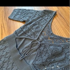 美品！【長身/細身の方向け】レース編み ブルー五分袖ニットドレスの画像