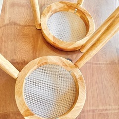 ※新品未使用 木製スツール 2脚セット 籐編み ラタンチェア 椅子 丸い 円型 チェアの画像