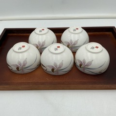 竹取っ手 和風花柄　急須と湯呑み5客セットの画像