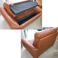 関家具 2人掛 ソファ 本革 ブラウン系 152cm 背脱着式で運搬可能！大川家具 長椅子 札幌市北区屯田の画像