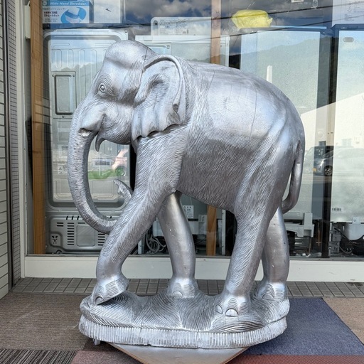 【特大サイズ‼️】木彫り 象の置き物 置物 インテリア オブジェ シルバーカラー♪