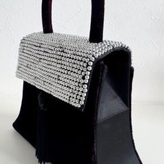 M【中古品】ジャックファット Jacques Fath パーティー バッグ コンパクト ベロア 黒 ワインレッド　ハンドバッグ レディースの画像