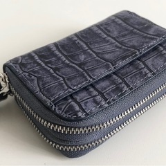 【中古品】クロコダイル柄 ラウンドジップ コインケース カード入れ ミニ財布 ブルー ネイビー コンパクトウォレットの画像