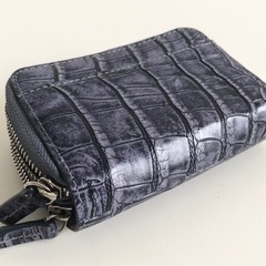 【中古品】クロコダイル柄 ラウンドジップ コインケース カード入れ ミニ財布 ブルー ネイビー コンパクトウォレットの画像