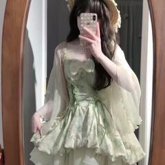 【新品・未着用】グリーン系 フェアリー風ワンピース✨ ふんわりシフォン／披肩付き🌿の画像