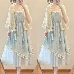 新品・未着用】淡ブルー 漢服風ワンピース✨ ふんわりロング丈／流蘇付き🌸の画像