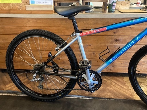 防犯登録無料！BRIDGESTONE ISHIHARA90‘sMTBチェーン新品！フロントサスペンション付き 3×7速　26インチマウンテンバイク　スカイブルー×シルバー