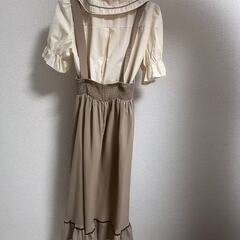 【美品】レトロガーリーワンピース🎀ウエストリボン付き ベージュ×ブラウン✨の画像