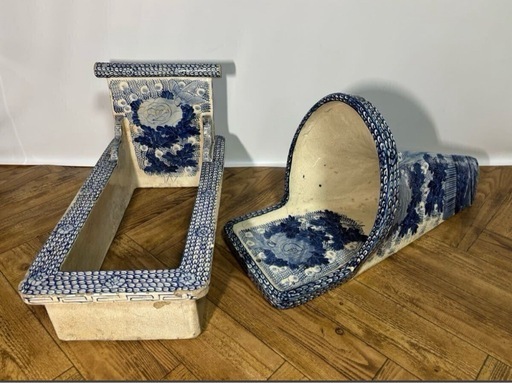 ◎陶器◎小便器2点セット◎和モダン◎青染付◎骨董◎トイレ◎旧家◎便所◎花文◎古道具◎大正～昭和？◎アンティーク◎レトロ◎