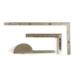 シンワ3点セット / 12114 曲尺小型 平 ステン 30×15cm裏面角目 / 62006 完全スコヤ15cm 裏面角目 / 62499 プロトラクター №19 ステンφ90 竿目盛10cmの画像
