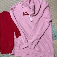レディース服2枚セット　長袖パーカーピンク＆カーディガン5部袖赤色　の画像