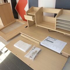 2-1-1未使用/新品　組立商品　アウトレット　 学習机 3点セット　デスク+上棚+サイドワゴン　 天然木 収納 棚付き 勉強机 学習デスク 小学生 子供 ナチュラルの画像